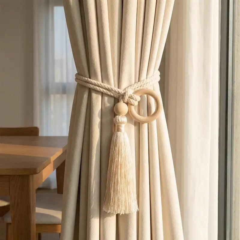 rideau moderne rustique coton anneaux bois pompon frange beigeclair