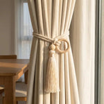 rideau moderne rustique coton anneaux bois pompon frange beigeclair