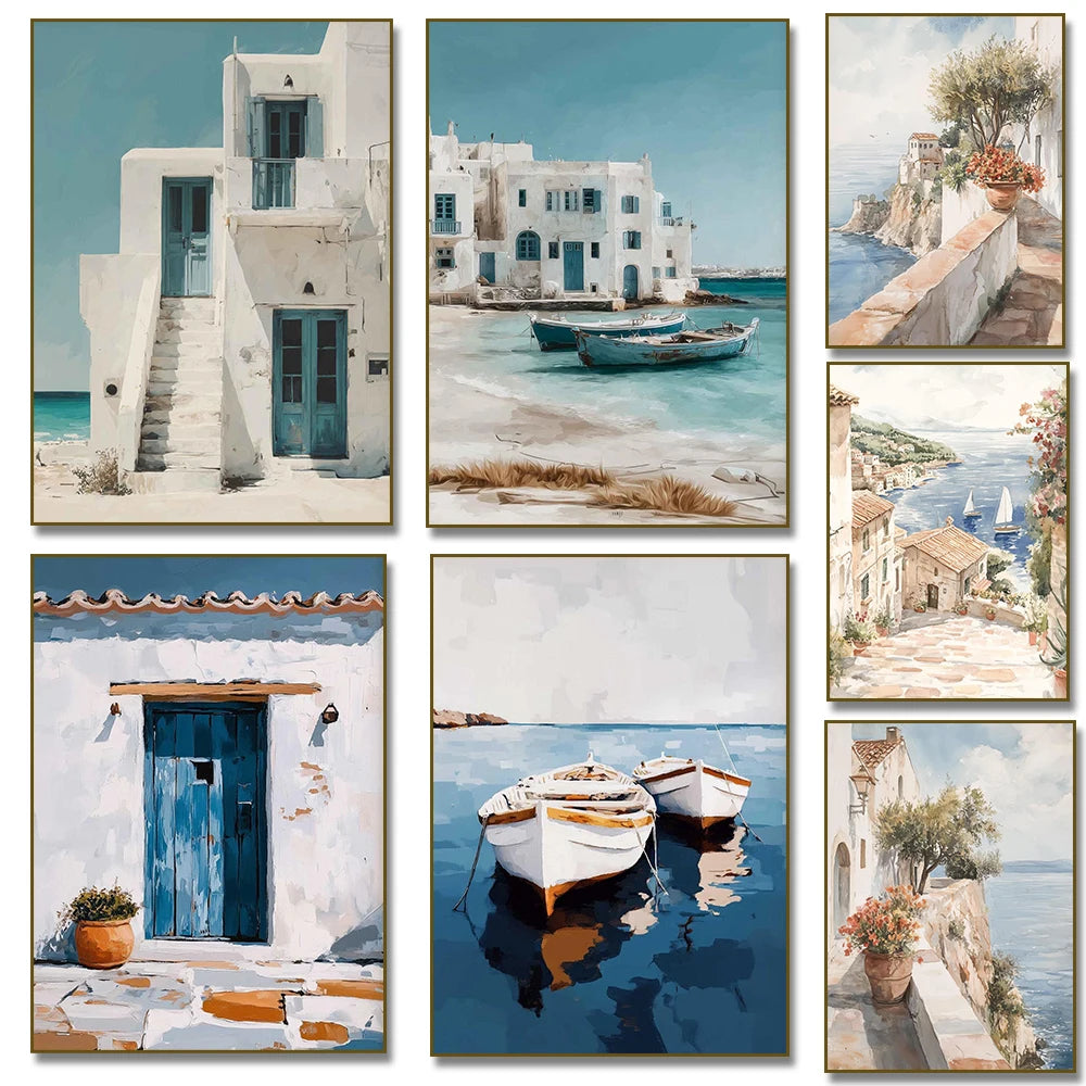 tableau peinture huile paysage village côtier santorin grèce toile décor salon mur maison