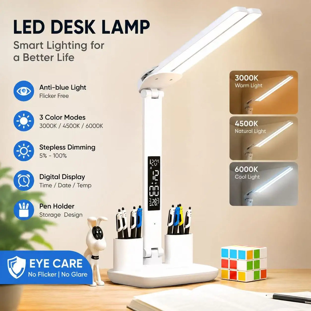 lampe led moderne affichage numérique porte stylos blanc