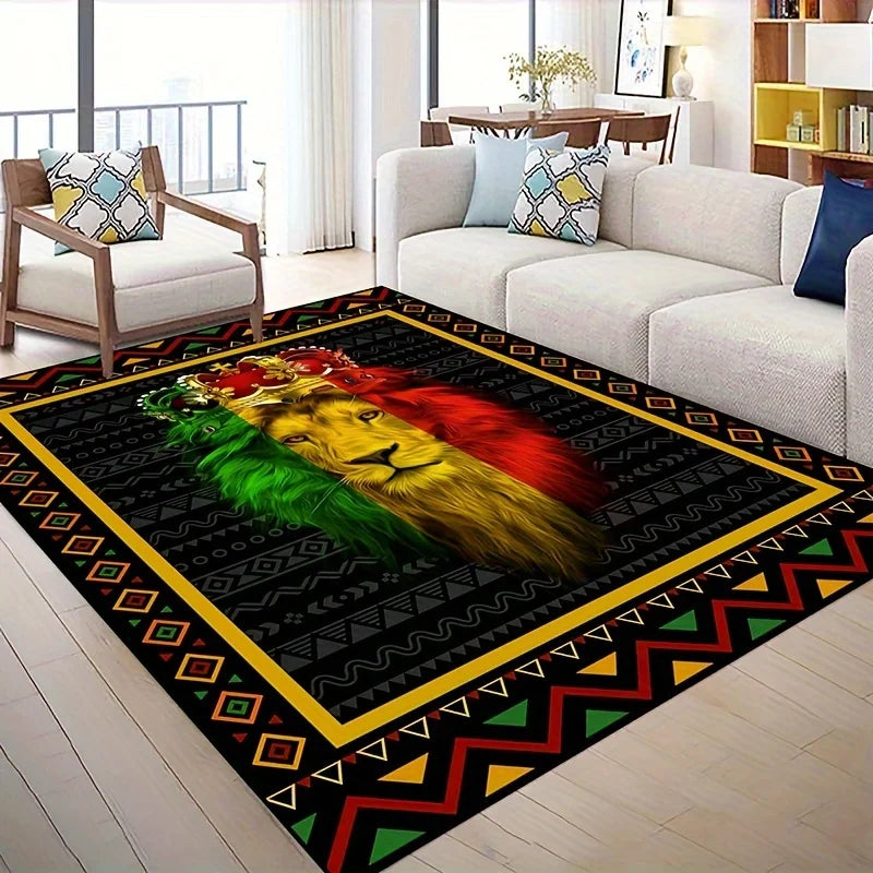 tapis moderne lion stylisé motifs géométriques noir vert rouge jaune blanc salon chambre coucher
