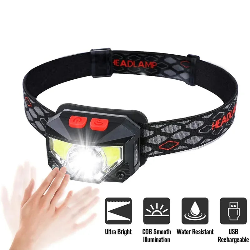 lampe frontale rechargeable led noire camping pêche nuit randonnée mode ajustable ceinture