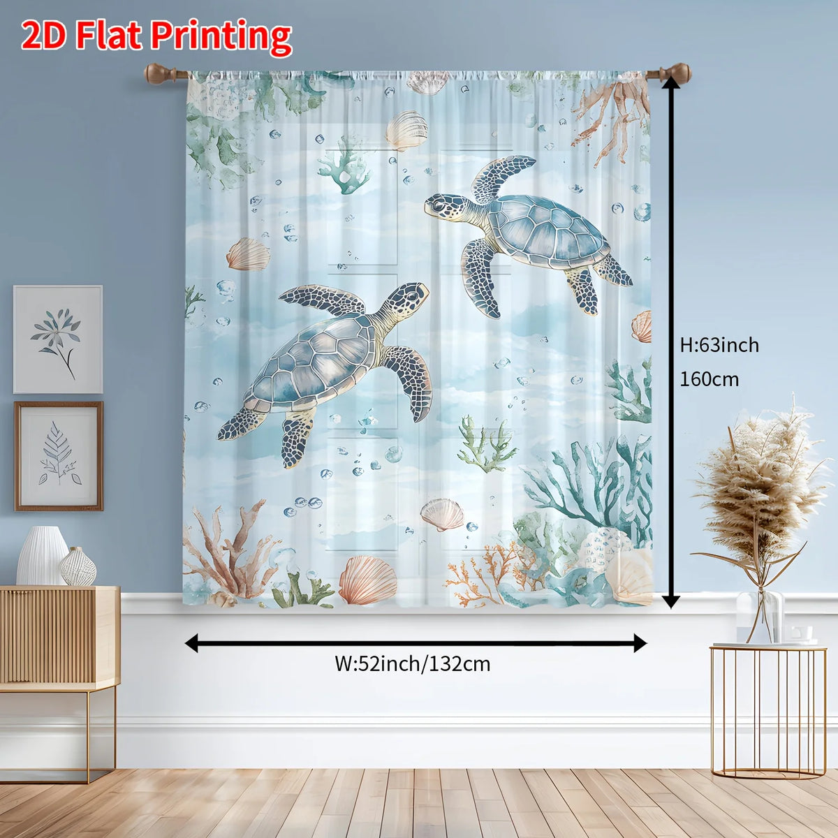 rideau transparent imprimé tortues marines coraux bleu clair vert marron tropical décoration chambre salon