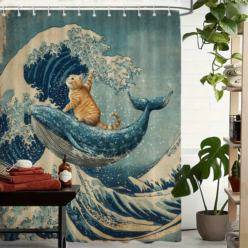 rideau douche unpièce illustration chat baleine bleue orange ourlet polyester tige marine appartement artistique
