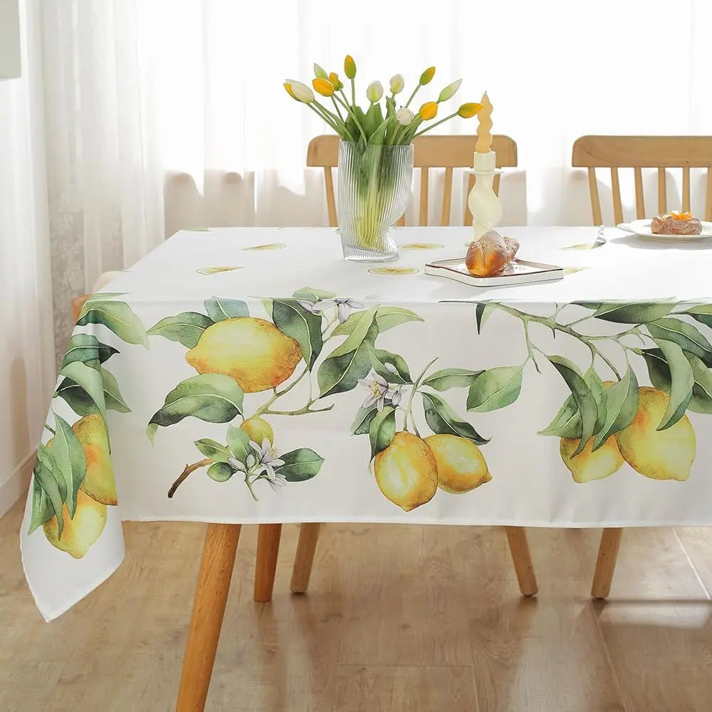 nappe imperméable citron feuilles vertes fond blanc moderne printemps été rectangle réutilisable polyester maison