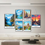 Un ensemble de magnifiques affiches publicitaires vintage représentant différentes destinations européennes, telles que les fjords norvégiens, Lisbonne, Monaco, Barcelone et Paris.