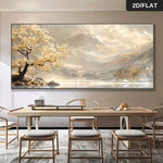 tableau decoratif moderne toile paysage montagneux arbre fleuri texturé beige marron doré blanc grisintérieur
