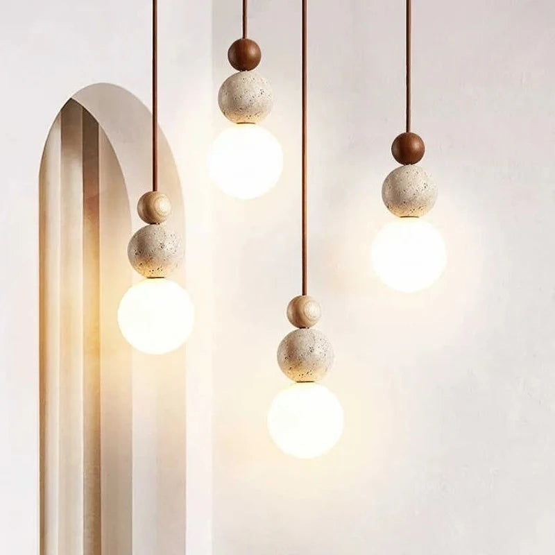 lampe suspendue pierre moderne ampoule g9 blanc beige marron foncé texture granulée lumière opaques