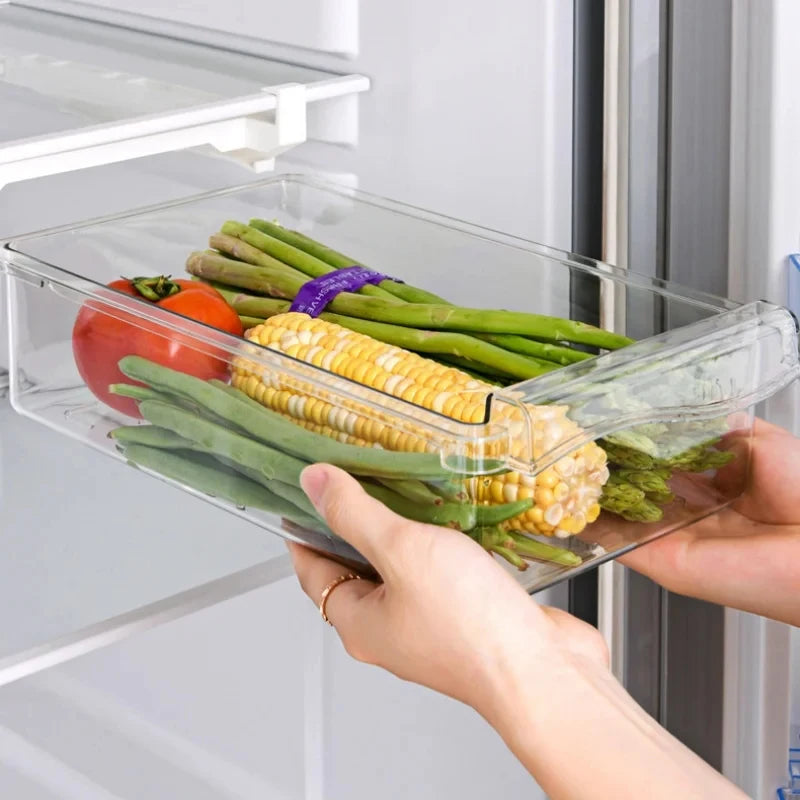 organiseur rangement réfrigérateur transparent clips magnétiques compartiments œufs fruits légumes moderne pratique