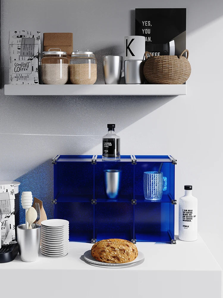 organisateur rangement modulaire transparent bleu clips métalliques compartiments tasses bouteilles bol assiette gâteau tablette