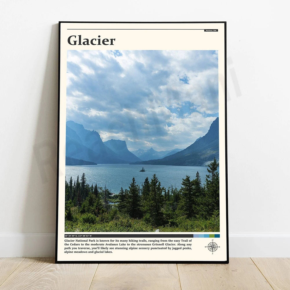 Paysage idyllique de montagnes enneigées, de forêts verdoyantes et d'un lac bleu cristallin, encadrant un paysage pittoresque du parc national de Glacier.