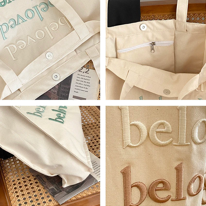 sac main toile brodée beloved lettres décontracté poignées détachables couleur beige marron bleu clair