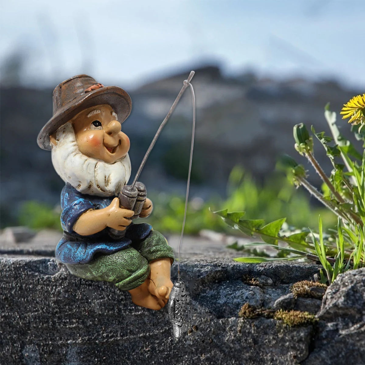 statue gnome pêcheur résine beige marron bleu vert gris argenté canne poisson décoration jardinextérieur