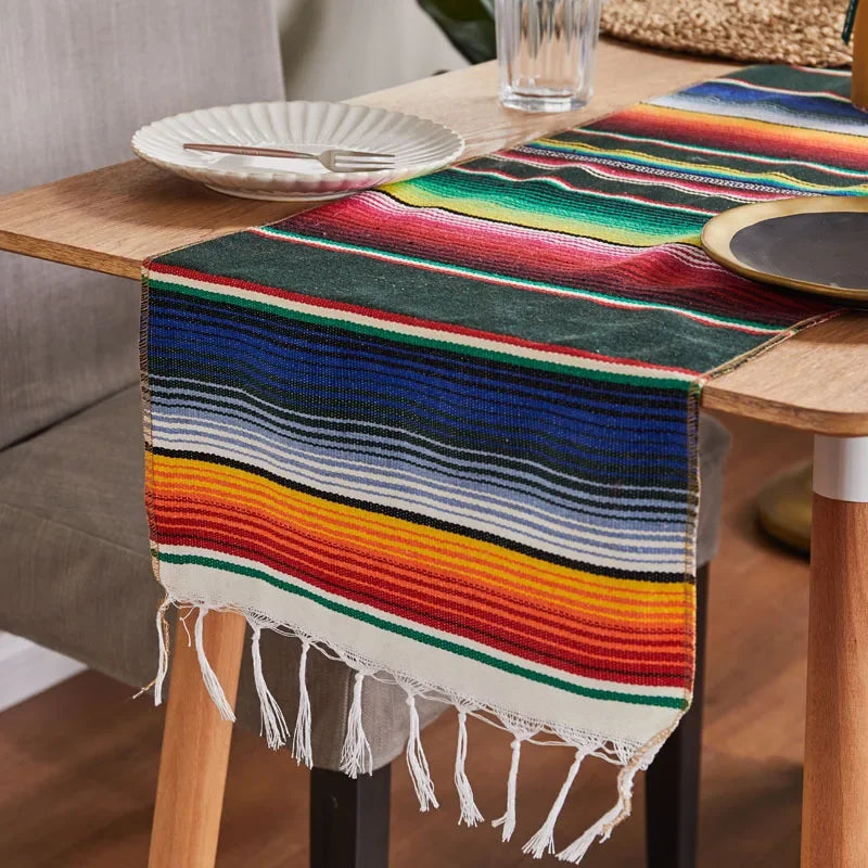nappe mexicain rayées franges colorées maison carnaval festive 35x210cm polyester coton