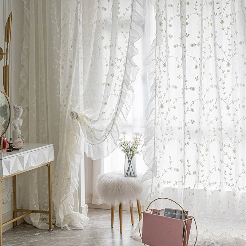 rideau polyester coton brodé fleurs blancs transparent romantique fenêtre française decoration balcon wedding