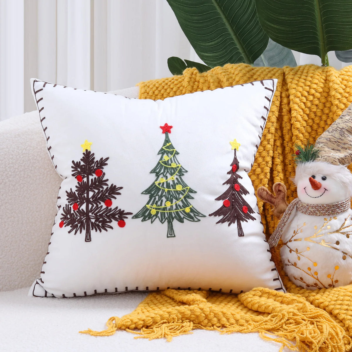 housses coussin noël arbre flocon doré blanc decoration maison car sofa 45x45cm handwash confort