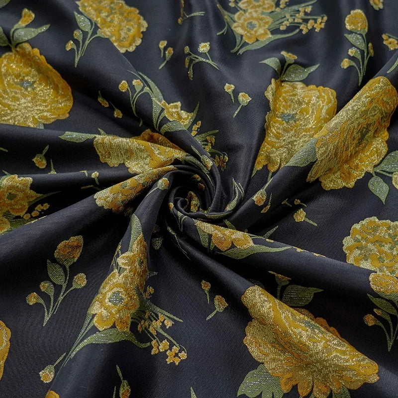 tissu brocart floral texturé noir jaune vert résistant bricolage decoratif 145cm
