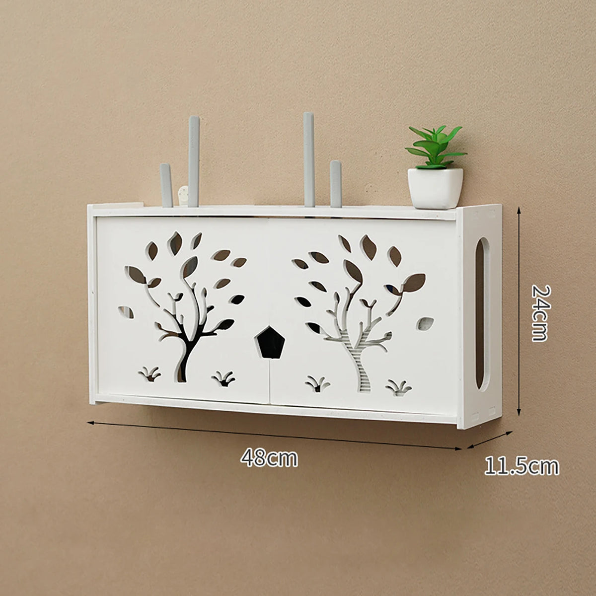 meuble rangement mural blanc bambou prises électriques étagères cable wifi