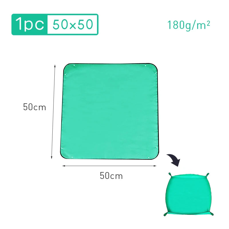 tapis jardinage vert moderne 100x100cm outils pelle râteau houe pots fleurs terre