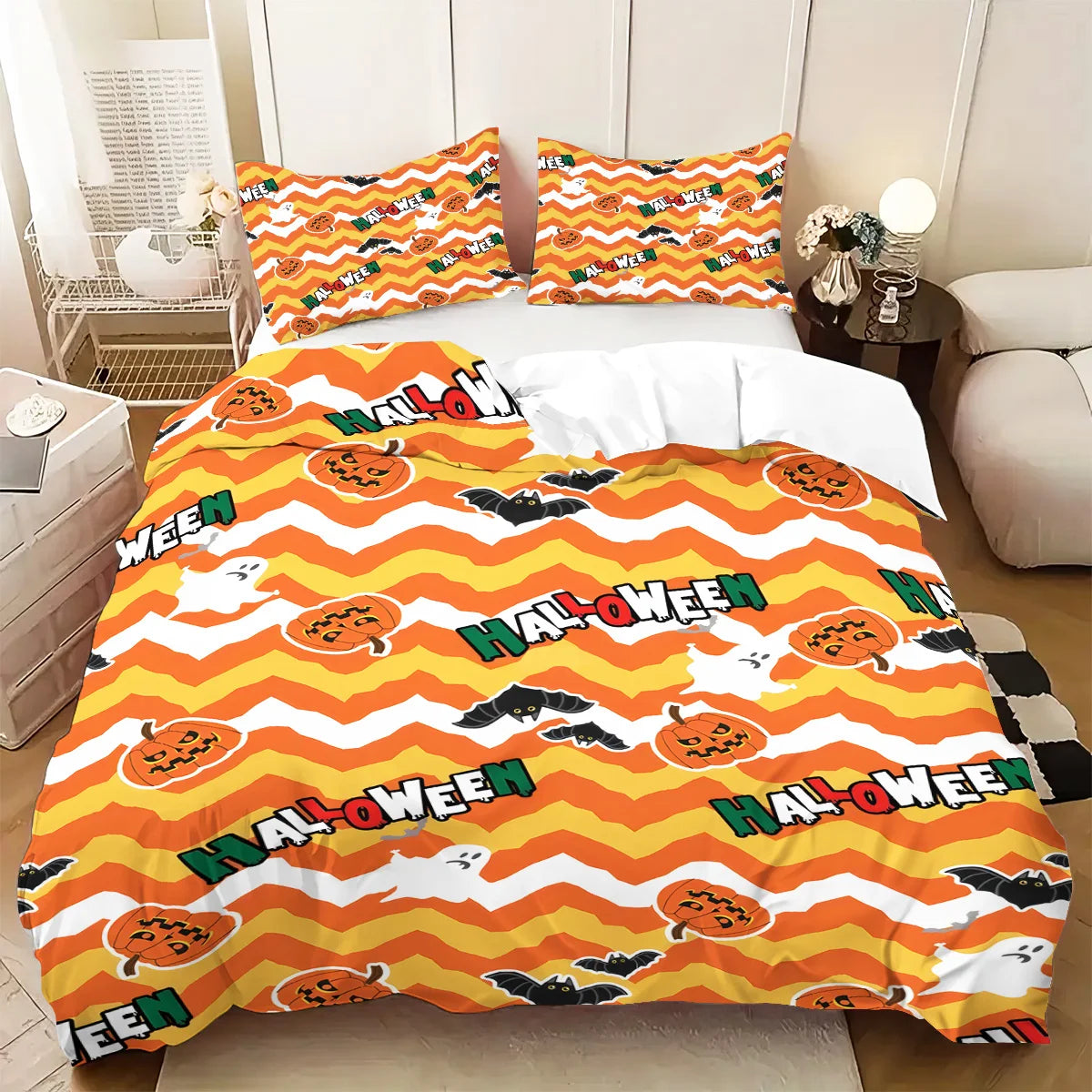 housse couette citrouille halloween rayures ondulées orange blanc noir double king queen