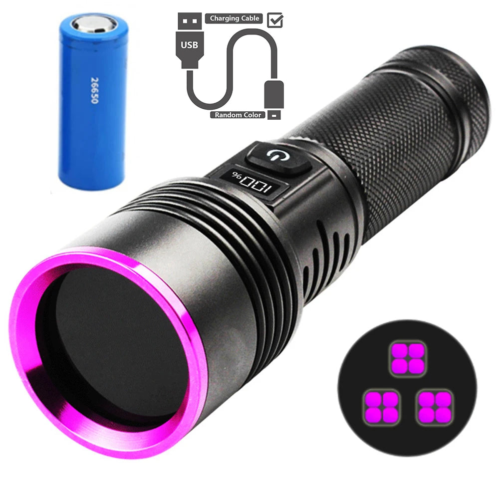 lampe torchon uv led rechargeable anti choc autodéfense affichage lcd texture anti glisse noire