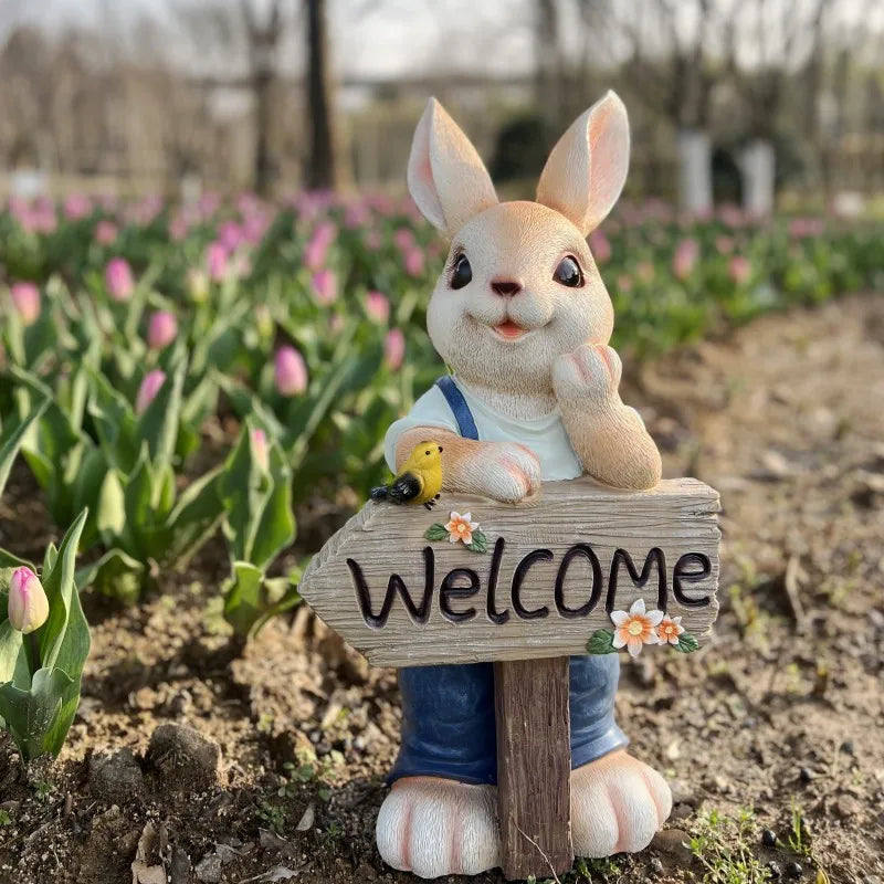 décoration extérieure figurine lapin bienvenue panneau fleurs coccinelle champêtre charmant résine