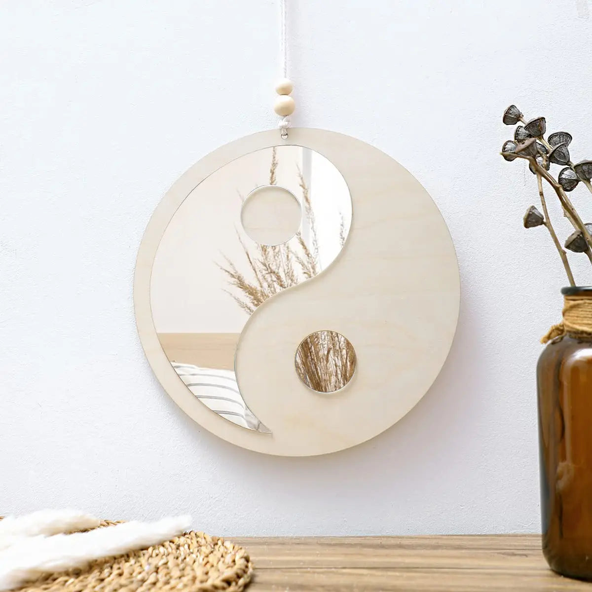 décoration murale yin yang bois miroir bohème zen minimaliste suspension