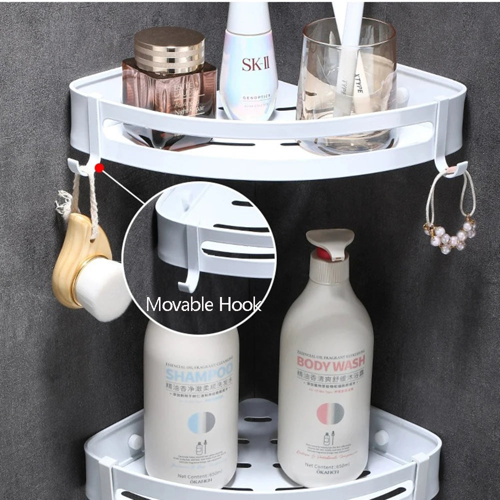 étagère salle bain blanc moderne adhésive shampooing gel douche lotion parfum verre boucles d'oreilles