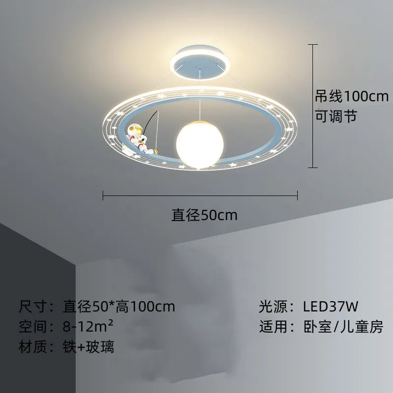 lampe suspendue moderne étoiles astronaute blanc doré bleu clair éclairage chambre enfant