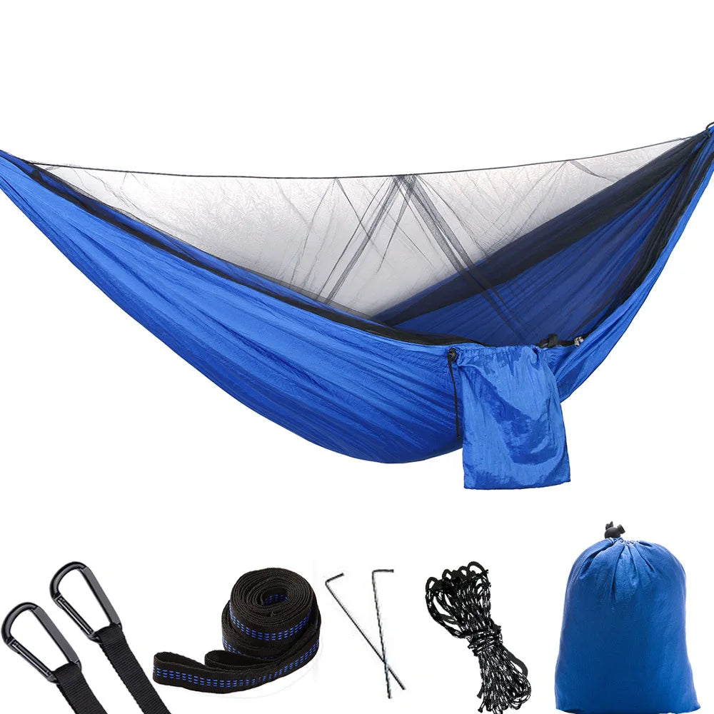 hamac deux personnes vert olive parachute léger filet antimosquitos carabines inox piquets aluminium sac