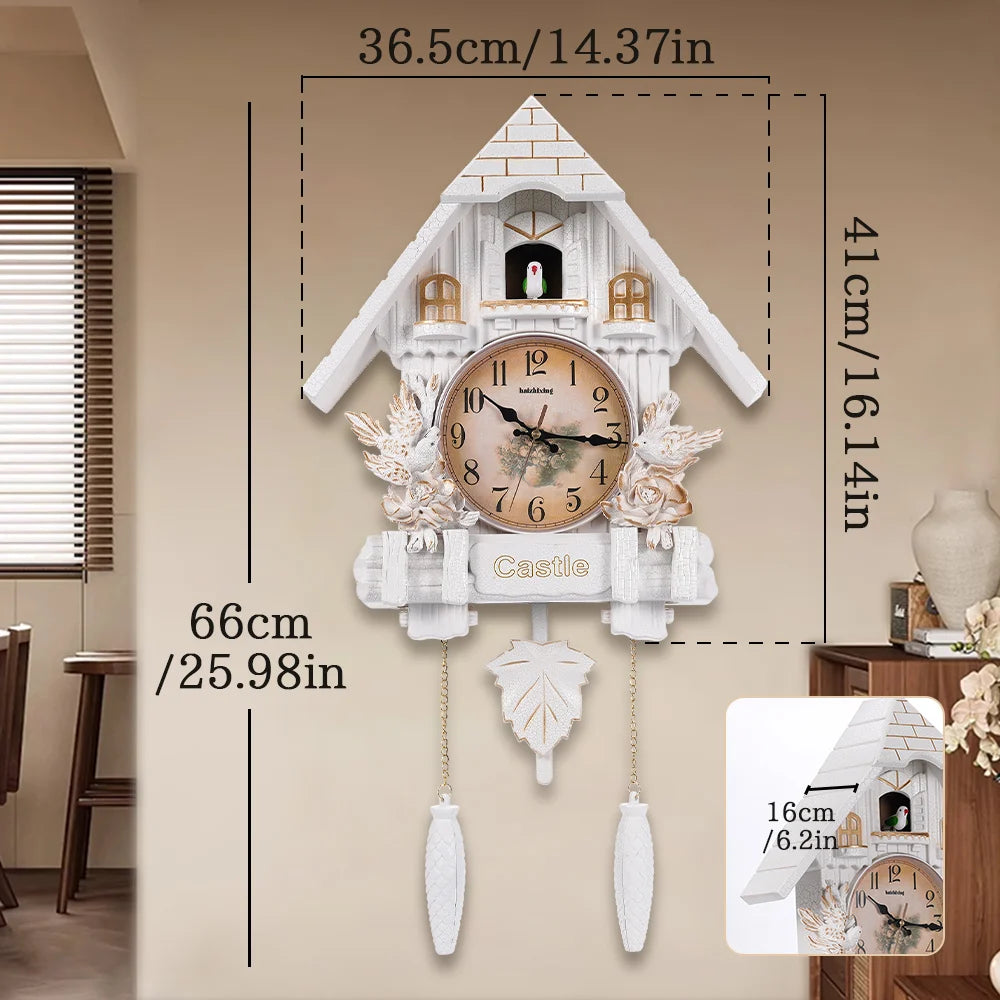 horloge murale classique château oiseaux feuilles fenêtres salon blanc
