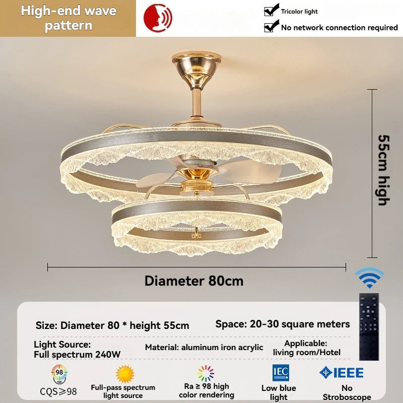 ventilateur moderne doré lampe led tri couleur télécommande blanc translucide strass élégant fixation