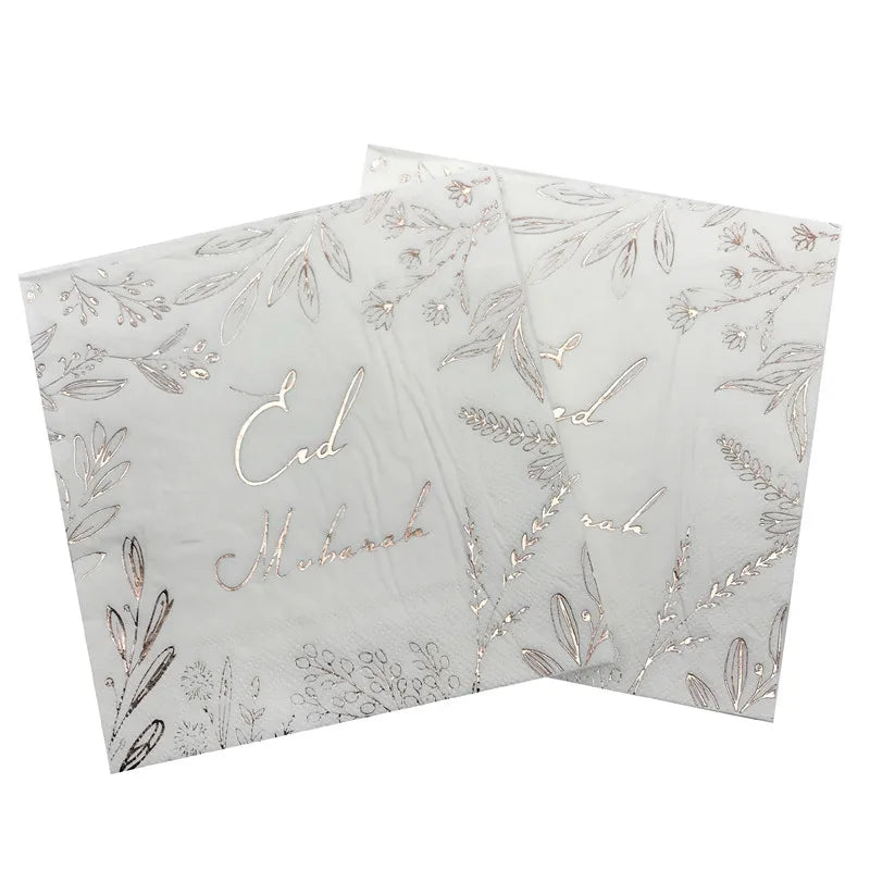 serviettes jetables festives eid mubarak motifs fleurs textes doré blanc İslam