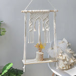 étagères suspendues macramé boho rustique étagères plantes vase céramique cadre photo coussin franges
