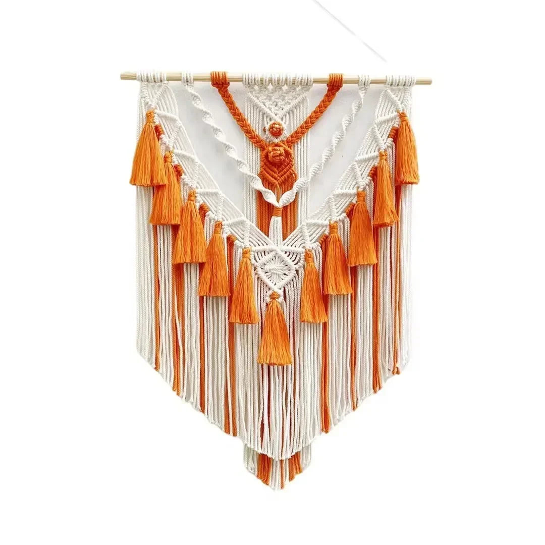 tapisserie macramé boho chic beige motifs géométriques franges moderne suspension maison