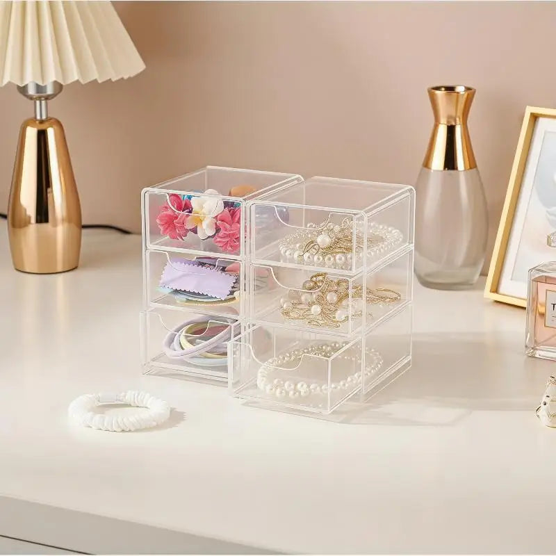 boîte rangement bijoux accessoires cheveux transparent moderne poignées boucles doreilles bracelets rubans élastiques clips