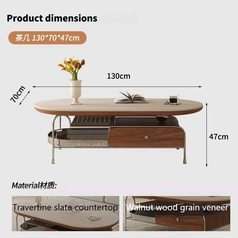 table basse ovale moderne rangement intégré plateau travertin structure acier inoxydable beige clair marron