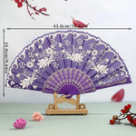 éventail pliant traditionnel violet blanc fleurs brodées clips métalliques pompon élégant décoration danse hand