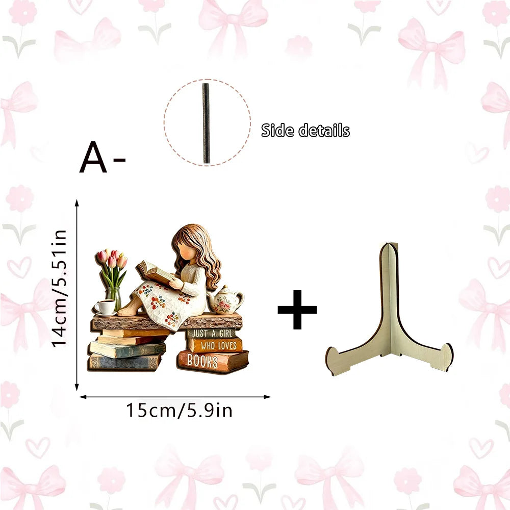 figurines bois fille lecture supports livres fleurs vases tulipes lavande théière bougiesDecorationChampetreSpirituelle
