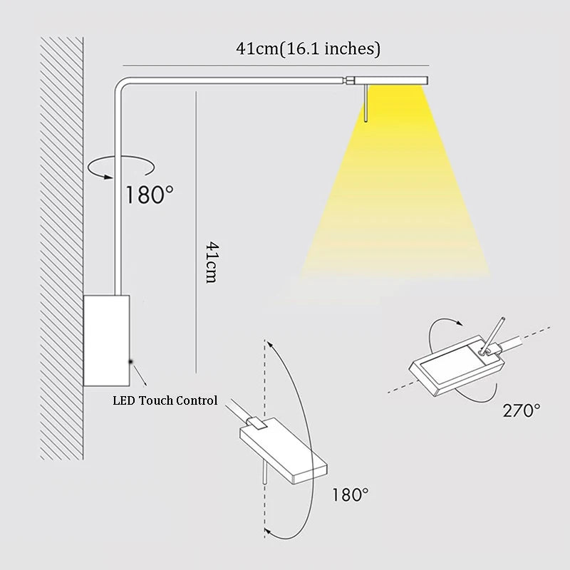 lampe murale moderne noir lisse fixée interrupteur tactile led base