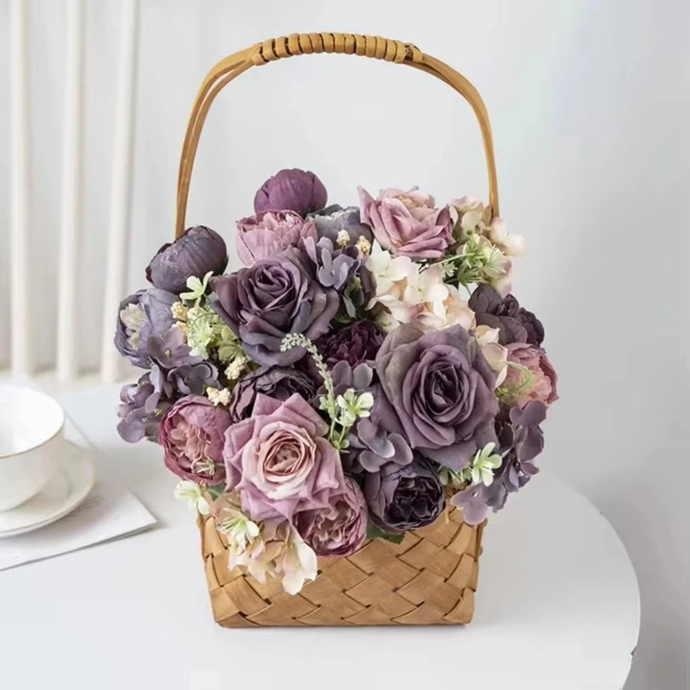 bouquets artificiels roses hydrangeas violettes roses blanches classiques décoration intérieure mariage anniversaire baby shower