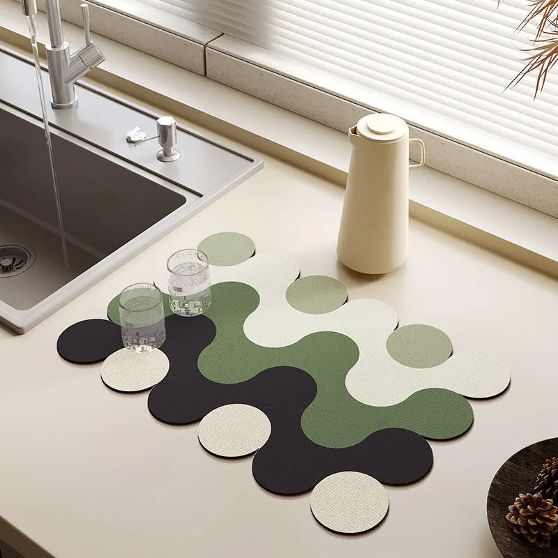 tapis cuisine moderne rectangle géométrique vert blanc noir polyestere rapide egouttoir