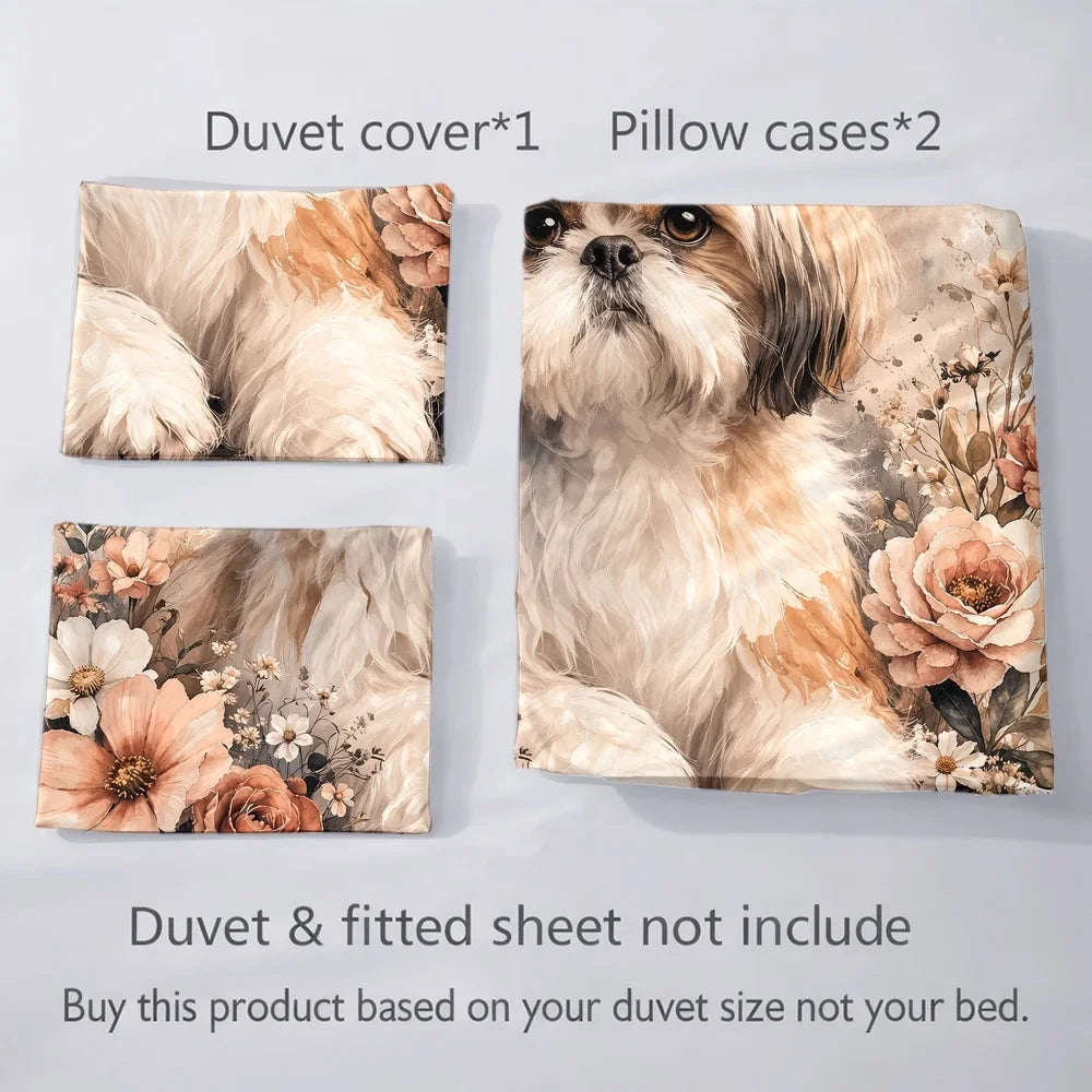 ensemble literie floral chien shih tzu papillons taies oreiller housse couette beige blanc moderne