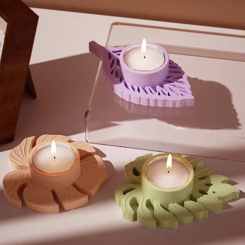 support bougie feuilles stylisées violet vert beige moderne décoratif silicone transparent opacité