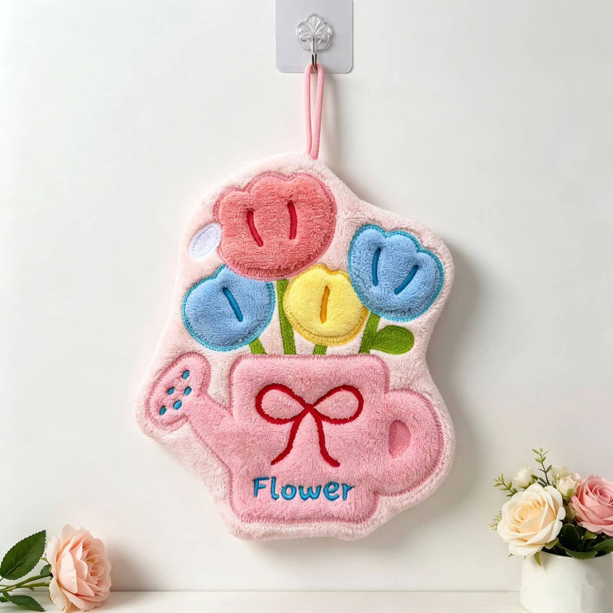 serviette toilette rose clair fleurs appliquées douce moelleuse super absorbante rapide opaque enfantine