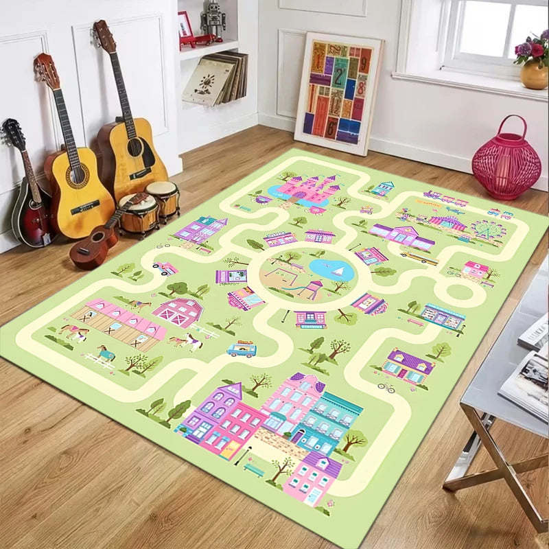 tapis jeu enfants thème urbain personnages animés rues voitures blanc rose