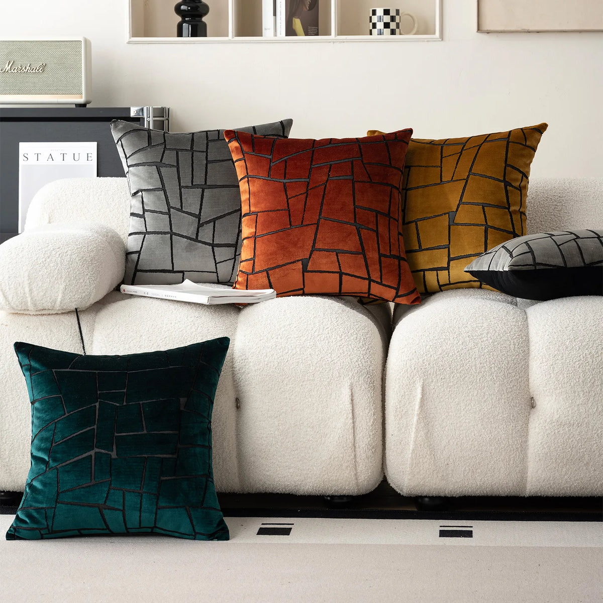 coussins décoratifs géométriques modernes polyester opaques vert foncé gris orange jaune fixés