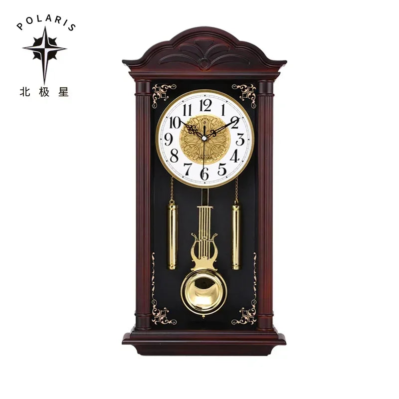 horloge murale classique bois foncé cadran blanc chiffres dorés pendule antique aiguille quartz résine