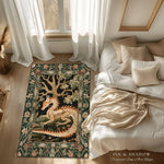 tapis dragon floral vert foncé motif arbre fleurs médiéval fantastique aubusson vert beige orange