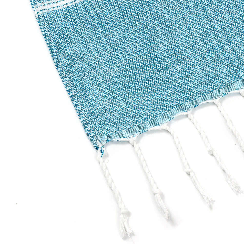 serviette plage coton rayée bleu clair rose franges rapide absorption moderne rustic